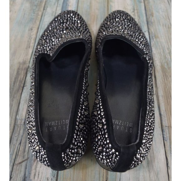 Stuart Weitzman Slipbeads Studded Smoking Flats Size 7 Black Suede Designer - Picture 7 of 10